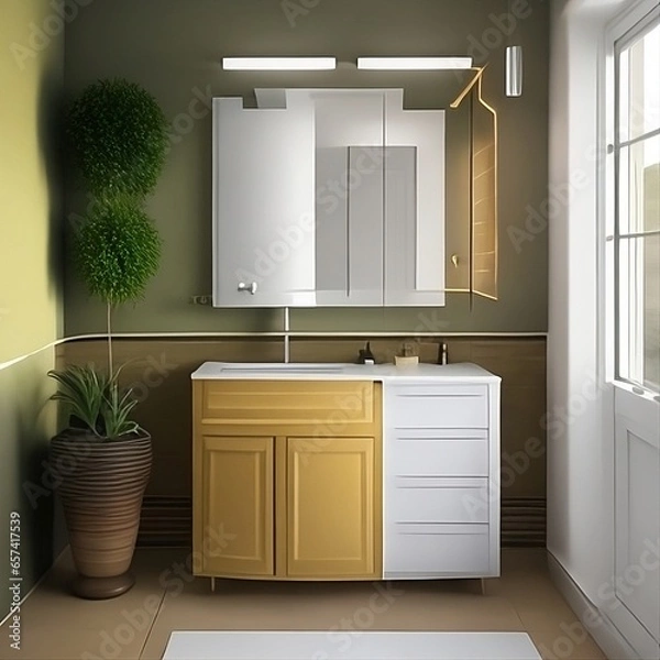 Fototapeta Bathroom interior with a white bathtub with a towel hanging over it, a hardwood floor, gray walls and a loft window. a mockup generative ai.