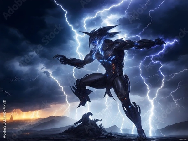 Obraz An image of a mutant with the ability to manipulate electricity, generating a dazzling storm of lightning bolts that dance across the stormy skies, illuminating the war-torn landscape below.