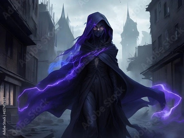 Obraz A haunting portrait of a cloaked mutant with the ability to phase through matter, their ghostly form passing through the remnants of buildings, leaving a trail of shimmering energy.