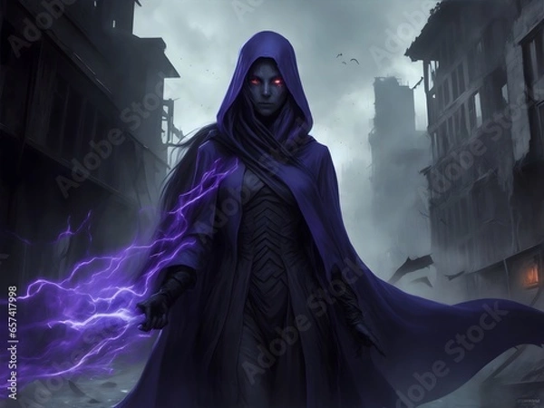 Obraz A haunting portrait of a cloaked mutant with the ability to phase through matter, their ghostly form passing through the remnants of buildings, leaving a trail of shimmering energy.