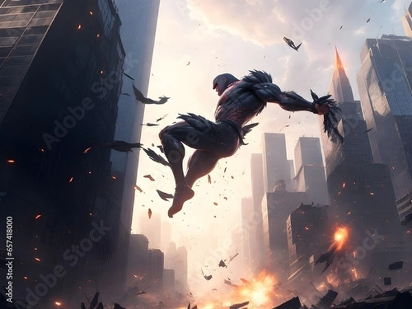 Obraz A striking scene where a mutant with the power of telekinesis hurls massive debris towards an airborne adversary, their clash shattering the remnants of skyscrapers in the background