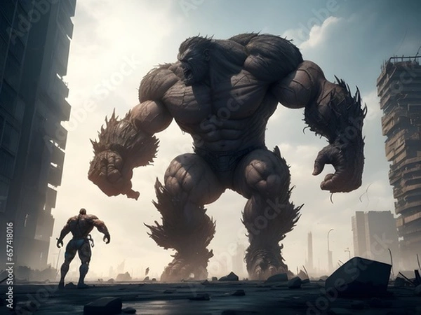 Obraz A towering mutant with colossal strength, engaged in a fierce hand-to-hand combat with a rival, causing shockwaves that ripple through the fractured concrete and steel of a dystopian metropolis.