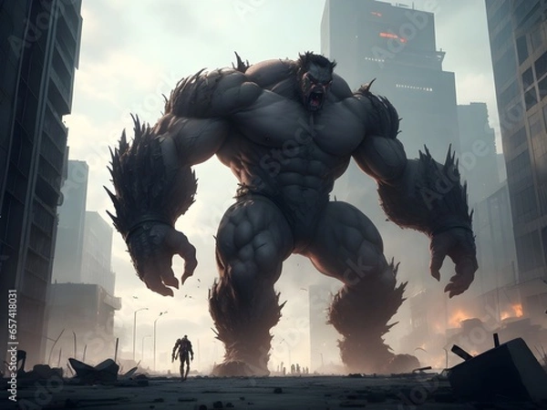 Obraz A towering mutant with colossal strength, engaged in a fierce hand-to-hand combat with a rival, causing shockwaves that ripple through the fractured concrete and steel of a dystopian metropolis.