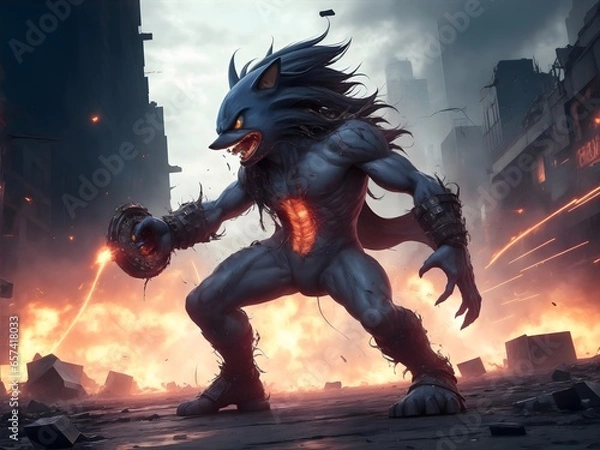 Obraz A mutant with the power of sonic manipulation, standing at the epicenter of a chaotic battle, unleashing a cacophony of destructive sound waves that reverberate through the desolate streets.