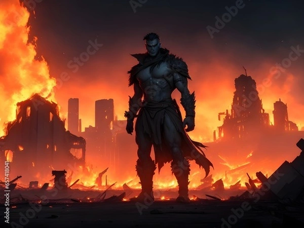 Obraz A mutant with the ability to manipulate fire, standing tall amidst the blazing ruins of a once-thriving city, casting an ominous glow against the ashen skyline.
