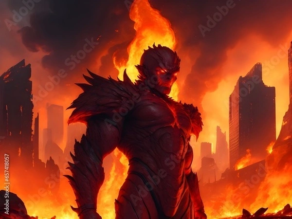Obraz A fiery mutant, with skin as red as molten lava, stands tall amidst the charred remains of a once-great metropolis. Their eyes blaze with power as they manipulate the flames around them
