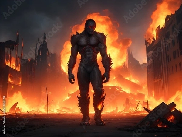 Obraz In a world ravaged by fire, a mutant with the power to control flames stands as a symbol of destruction and chaos. With a flick of their hand, they can turn a bustling city into a smoldering wasteland