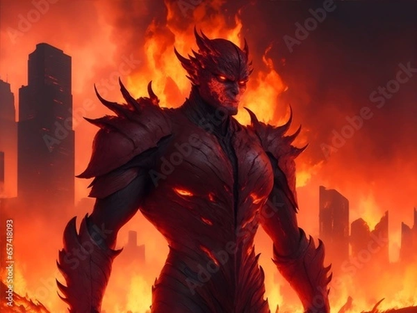 Obraz A fiery mutant, with skin as red as molten lava, stands tall amidst the charred remains of a once-great metropolis. Their eyes blaze with power as they manipulate the flames around them