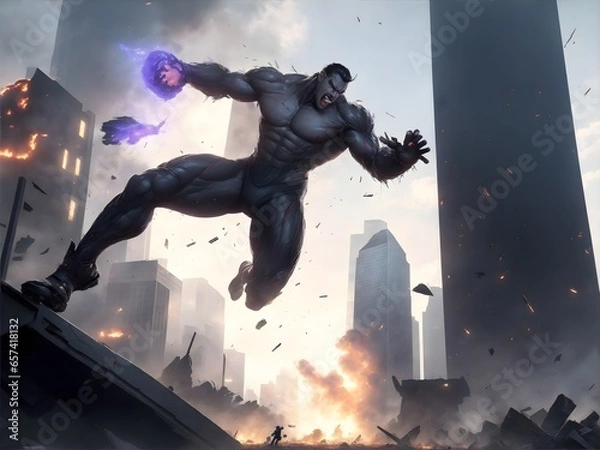 Obraz A striking scene where a mutant with the power of telekinesis hurls massive debris towards an airborne adversary, their clash shattering the remnants of skyscrapers in the background