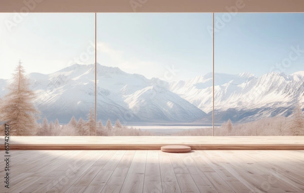 Fototapeta Empty room with a snowy scene in the background