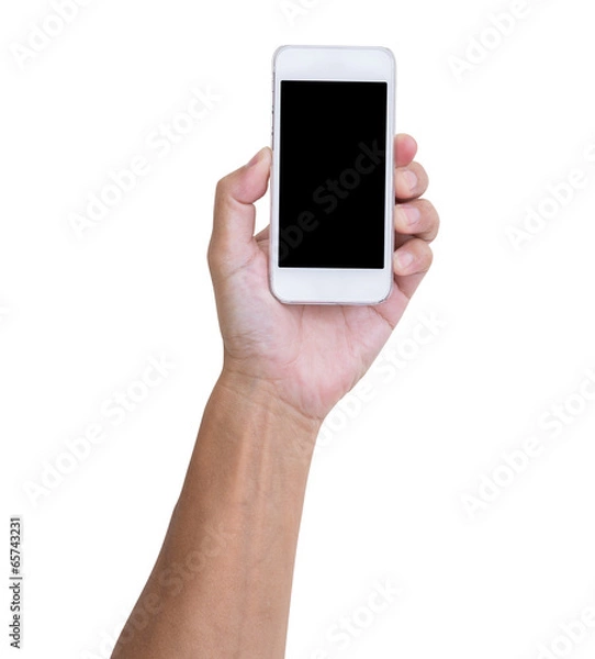 Fototapeta Man hand holding smartphone isolated on white background, clippi