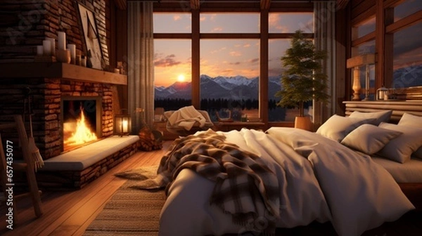 Fototapeta cozy bedroom with a cabin-inspired decor theme, complete with a fireplace