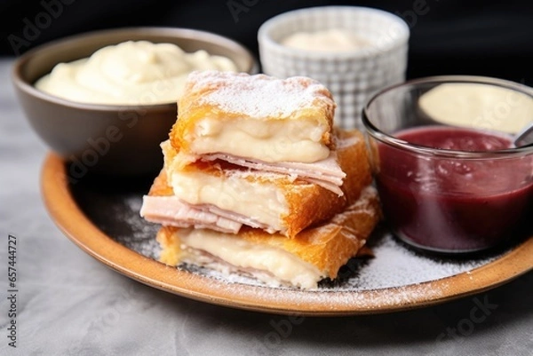Fototapeta monte cristo sandwich with mayo and dips in a bowl