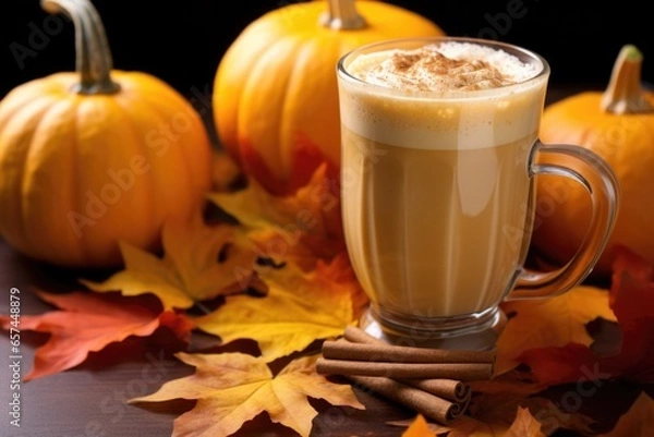 Obraz pumpkin spice latte with autumn leaves