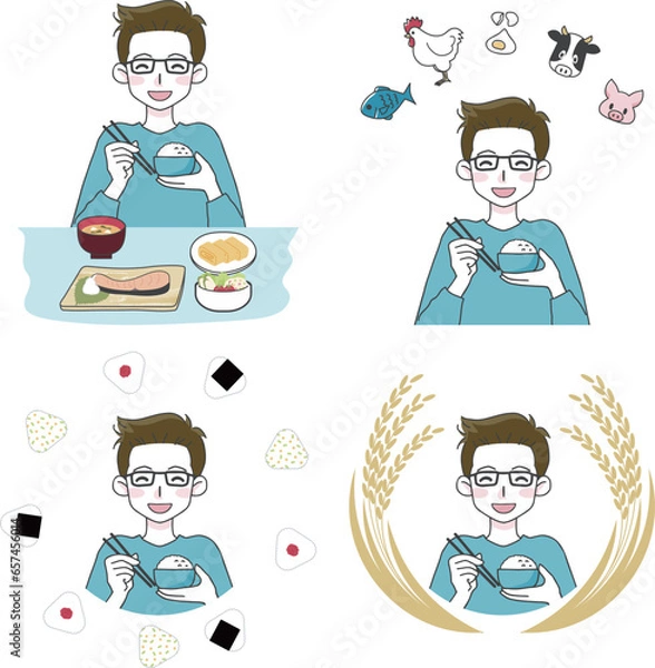 Obraz 美味しそうにご飯を食べる男性のイラストセット