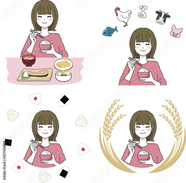 Obraz 美味しそうにご飯を食べる女性のイラストセット