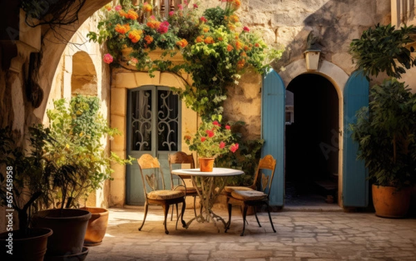 Fototapeta Courtyard with table, chairs, plants and an exterior door. Generative AI