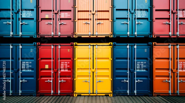 Fototapeta Colorful shipping containers lined up at a shipping port