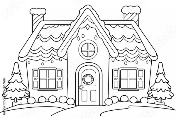 Obraz Black and white coloring worksheet. Coloring gingerbread house shaped cookies with decorations. Winter Christmas theme coloring book page activity for kids and adults.