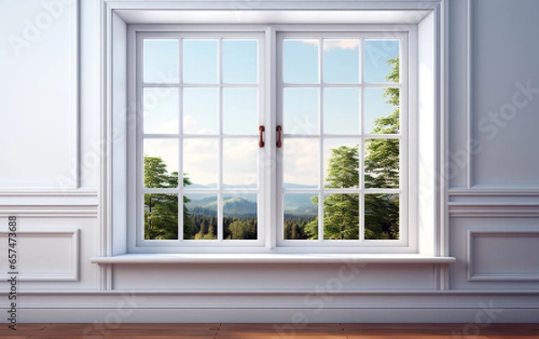 Fototapeta White big window with a forest view