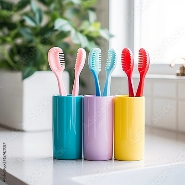 Fototapeta Holder with plastic toothbrushes.