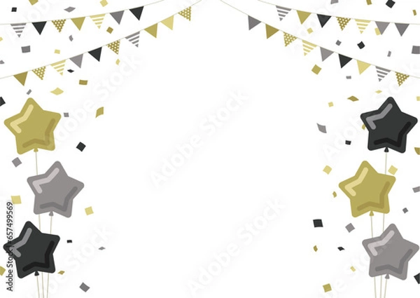 Fototapeta 星型の風船とガーランドと紙吹雪のフレーム素材　黒金銀　ブラックフライデー　白背景