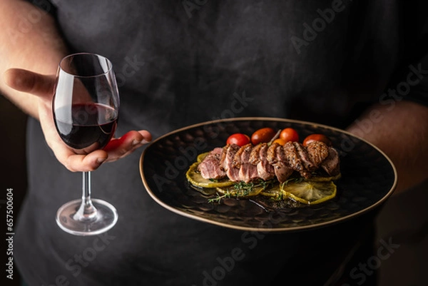Obraz A man in black holds a roasted duck breast fillet on caramelized apples and a glass of red wine on a black background