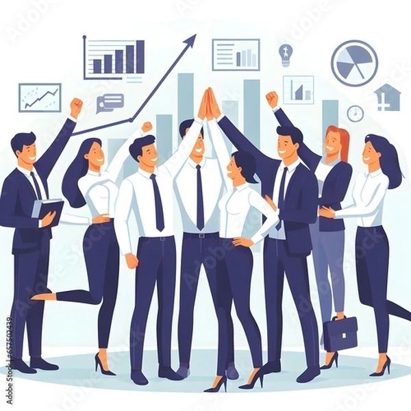 Fototapeta Team of business people celebrate success winning prize goal in work collaboration together giving high five with joy. Flat vector illustration design
