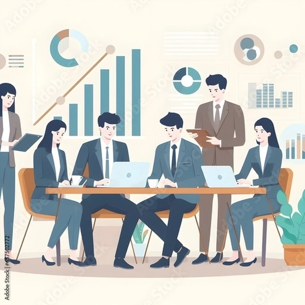 Fototapeta Business meeting and team work group of people working in office. Discussion of the company business strategy vector illustration.