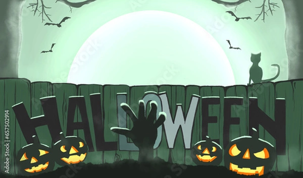 Fototapeta Halloween night background with pumpkin scary bat and zombie hands coming up out of the ground in front of a full moon. illustration.