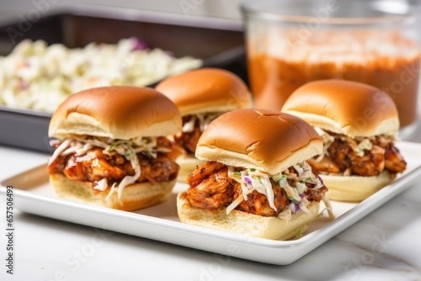 Fototapeta bbq shrimp sliders tray with a side of coleslaw
