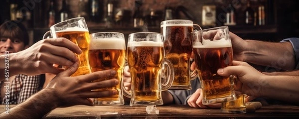 Fototapeta Glasses of beer in hand of group happy friends drinking and toasting beer, panorama. Generative Ai.