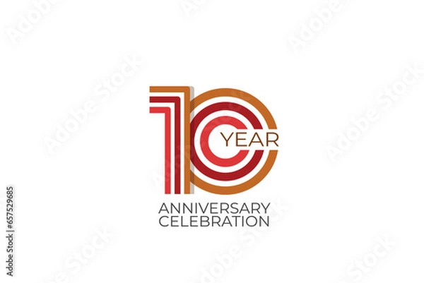 Fototapeta 10 year anniversary. celebration with retro style in 3 colors, red, pink and brown on white background for invitation card, poster, internet, design, poster, greeting cards, event - vector
