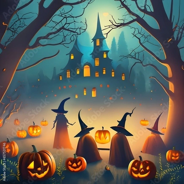 Obraz The name "happy halloween" Conjure a scene where a witch's coven gathers in a moonlit clearing, their silhouettes casting long, eerie shadows as they perform a mystical ritual surrounded by flickering