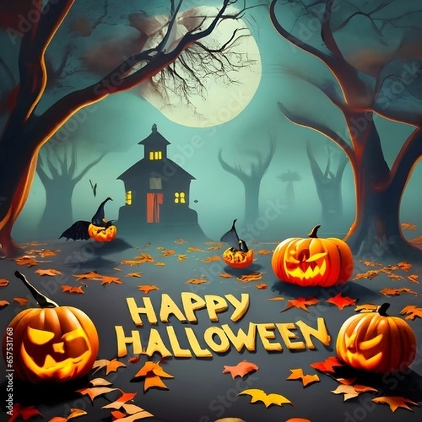 Obraz The name "happy halloween" Conjure a scene where a witch's coven gathers in a moonlit clearing, their silhouettes casting long, eerie shadows as they perform a mystical ritual surrounded by flickering