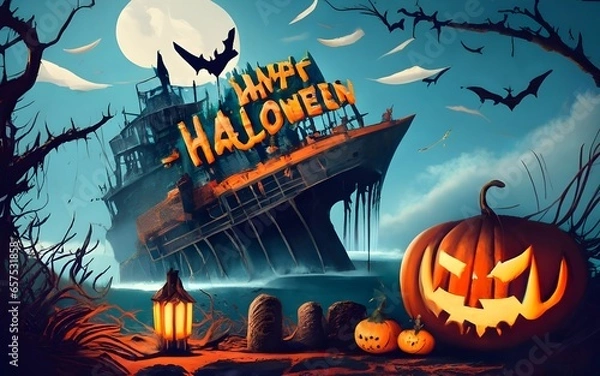 Obraz The name "happy halloween" background with Bring to life a haunted shipwreck on a moonlit shore, where ghostly sailors roam the decks, their tattered clothes fluttering in the ghostly breeze