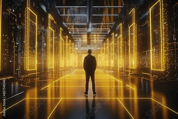 Fototapeta High-Tech Data Center with Business Person in Tron Neon Lights