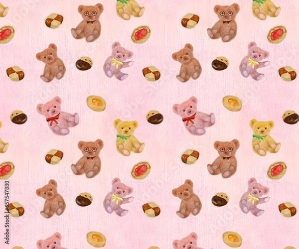 Fototapeta おしゃれなテディベアたちと木目柄のパターンイラスト