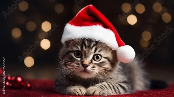 Fototapeta Cute kitten wearing a santa claus hat