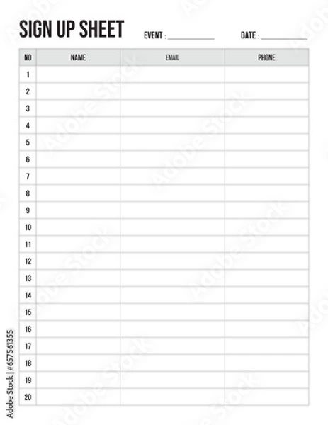 Obraz Sign Up Sheet Printable, template or event planning