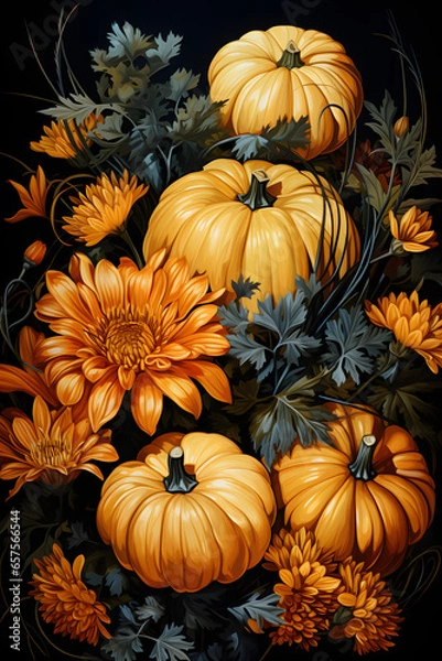 Obraz Still life of pumpkins and flowers in vertical format, painting type illustration for Halloween and Thanksgiving