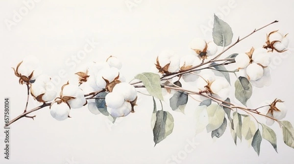 Fototapeta  gałąź z bawełnianym kwiatami i liście na białym tle. generatywny AI
