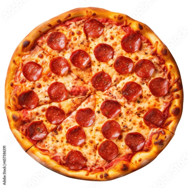 Fototapeta Pizza pepperoni on transparent background, top view angle