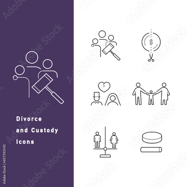 Fototapeta 離婚・親権・財産分与に関するラインアイコンセット