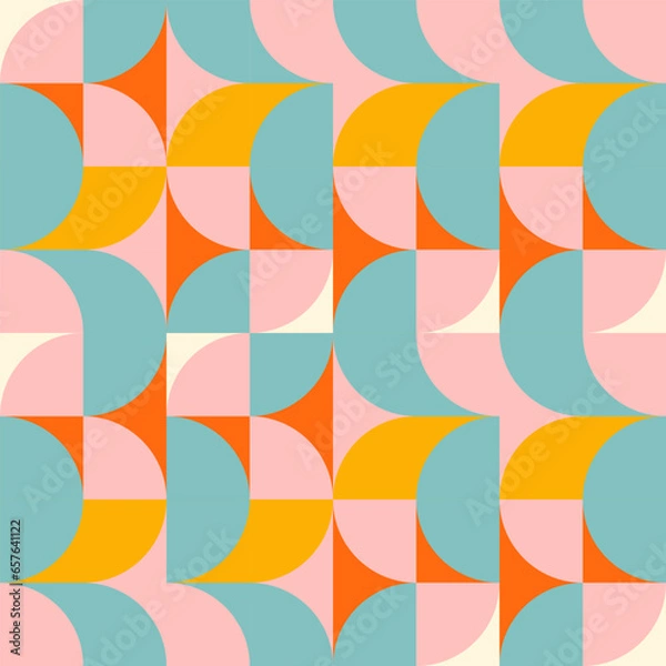 Fototapeta Retro geometric aesthetics. Bauhaus and avant-garde inspired vector background with abstract simple shapes like circle, square, semi circle. Colorful pattern in nostalgic pastel colors.