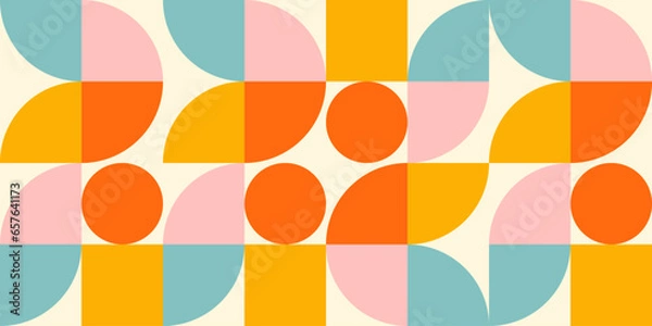 Fototapeta Retro geometric aesthetics. Bauhaus and avant-garde inspired vector background with abstract simple shapes like circle, square, semi circle. Colorful pattern in nostalgic pastel colors.