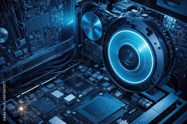Obraz Computer Motherboard with processor illuminated by blue light Background, Technology business 3D style chipset circuit neon light glow Technology background