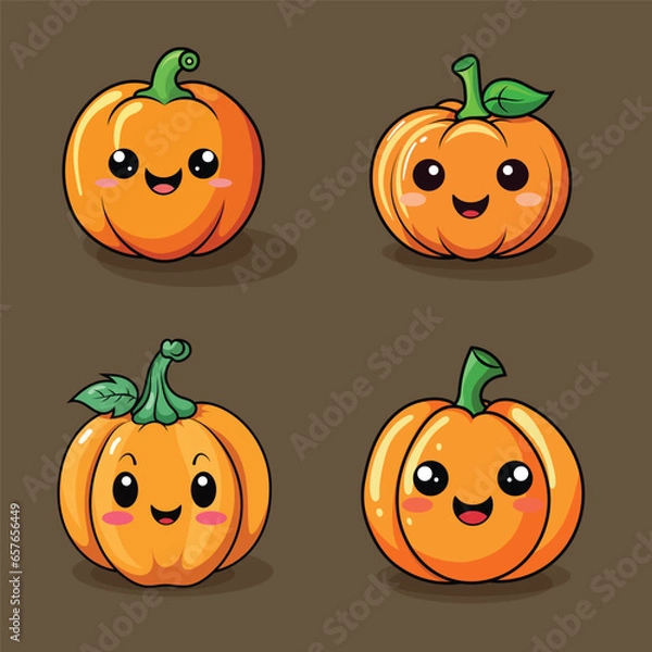 Fototapeta Set of Halloween pumpkins with smiling faces. Vector flat style illustration for design poster, banner, print.