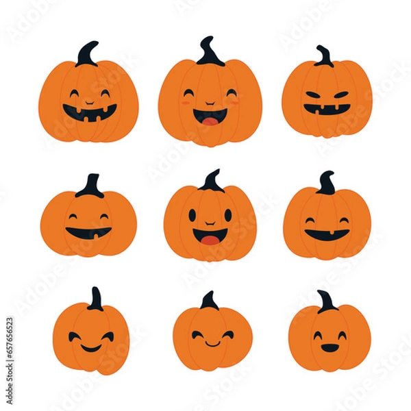 Fototapeta Set of Halloween pumpkins with smiling faces. Vector flat style illustration for design poster, banner, print.