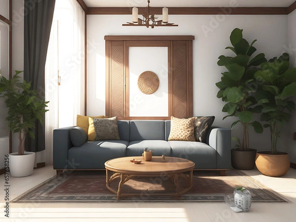 Obraz Home mockup, living room in Japandi style, 3d render